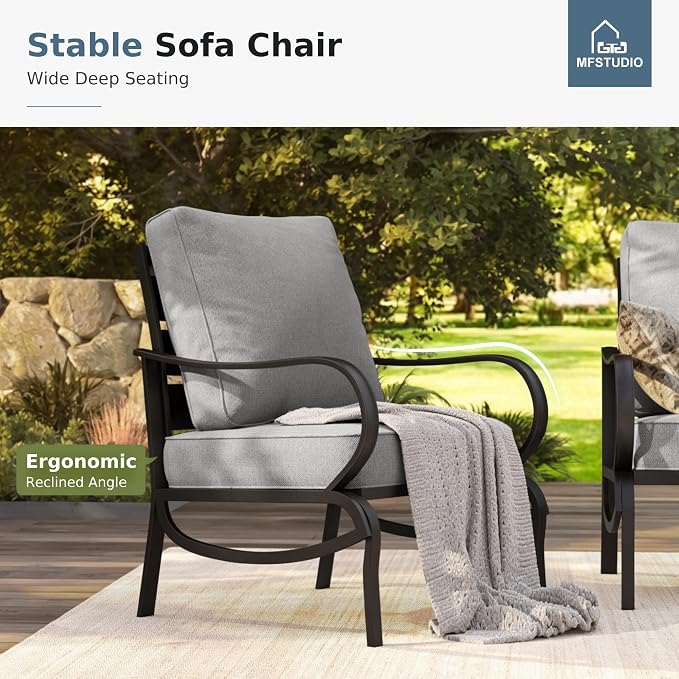 MFSTUDIO 4 Piece Patio Conversation Sets, All Weather Metal Frame Outdoor Furniture Set Patio Sofas with 1 x 45 Rectangular Fire Pit Table, 1 x 3-Seat Sofa, 2 x Sofa Chairs, Grey Cushion