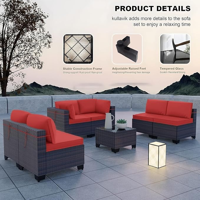 PE Rattan Outdoor Patio Furniture 7 Piece Set with Handwoven Wicker Sofa Sectional, Tempered Glass Coffee Table and 6 Cushions, Backyard Conversation Set for Deck Garden Poolside Lounge