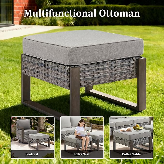 7-Piece Outdoor Patio Furniture Set with 4 Swivel Chairs, All-Weather Wicker Sofa Set for Garden, Yard, Porch and Poolside Seating, Grey/Grey