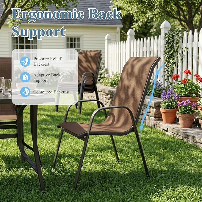 DIFY 5 Piece Outdoor Dining Set, 40" Walnut Round Metal Dining Table and Brown Textilene Stackable Patio Chairs, Patio Table and Chairs Set for 4 with Umbrella Hole for Backyard Garden Deck