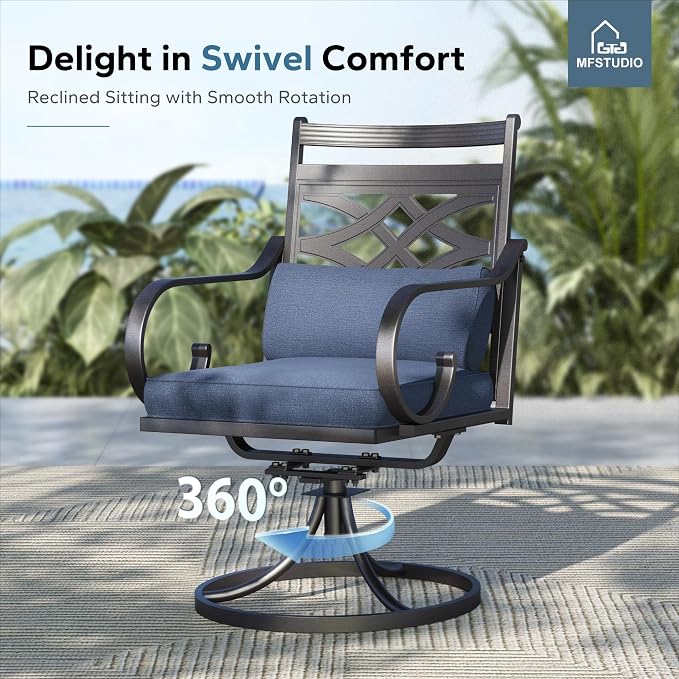 MFSTUDIO 7 PCS, Patio Dining Set, 60"×38", 4 Swivel Chairs, Umbrella Hole | Blue, Steel, Metal, E-coated frame