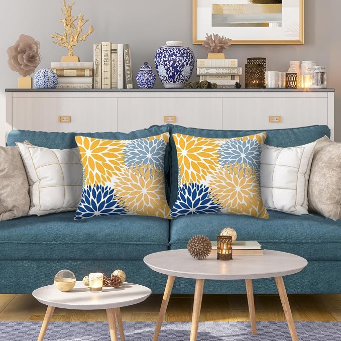 Yellow Throw Pillow Covers 18x18 Inch Set of 2, Floral Waterproof Outdoor Pillow Covers, Boho Farmhouse Decorative Cushion Covers for Spring Summer Patio Furniture