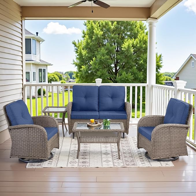 Belord 5-Piece Patio Furniture - Outdoor Conversation with Deep Seating Swivel Rocker Chairs Loveseat and Rattan Coffee Table, Gray with Blue Cushion