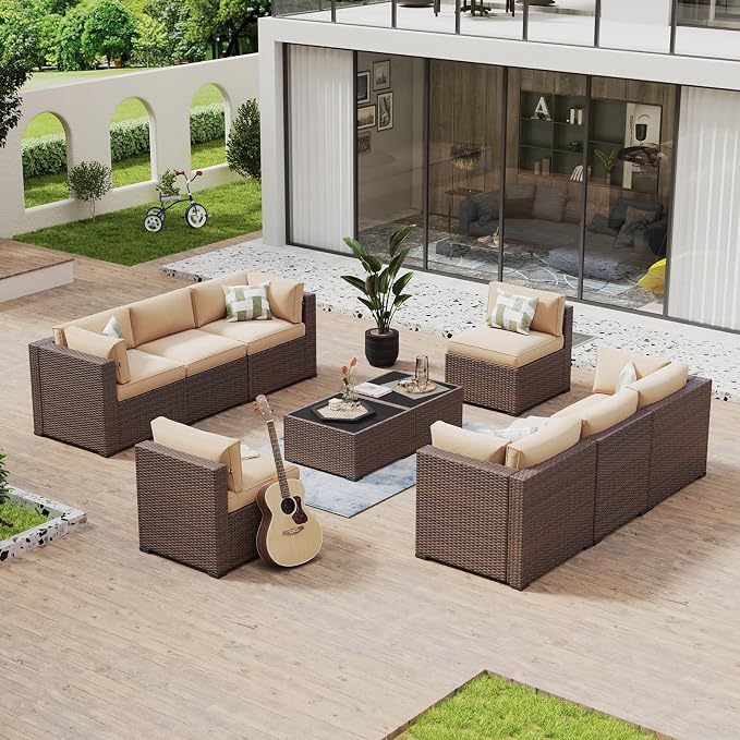 Aoxun 10 Piece Patio Furniture Set Wicker Rattan Patio Conversation Set Outdoor Sectional Sofa Set with Coffee Table and 4” Thickened Cushions, Beige
