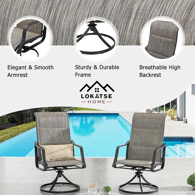 LOKATSE HOME Patio Chairs Set of 2, Outdoor Swivel Rocker Dining Chairs with Breathable Fabric and Powder Coated Steel Frame for Porch Balcony, Grey