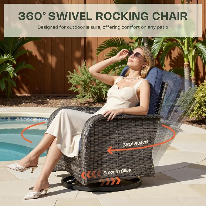 8-Piece Patio Furniture Set, Outdoor Wicker Furniture with Coffee Table, High Back Swivel Rocker Patio Chairs, Modern Rattan Outdoor Chairs Conversation Set for Porch, Balcony, Garden, Denim Blue