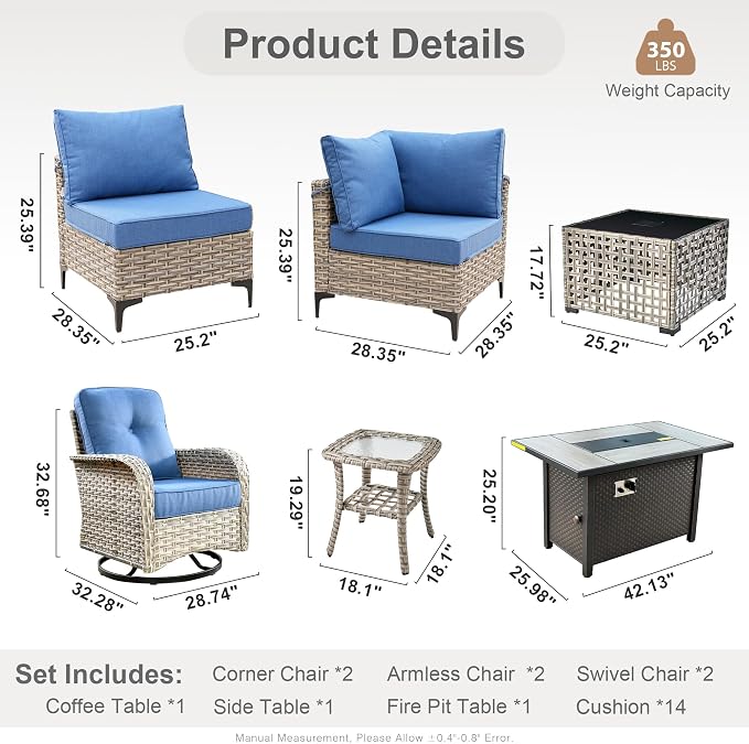 Outdoor Sectional Patio Furniture Set with Fire Pit Table,9 Pieces Rattan Wicker Conversation Sets L Shaped Couch,Outside Furniture with Swivel Chairs Glowing Coffee Table,Denim Blue
