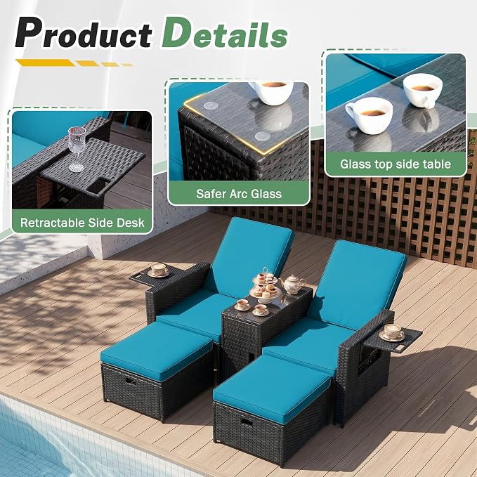 LVUYOYO 5 Piece Patio Furniture Set, Patio Wicker Conversation Set with Ottoman, Outdoor Chaise Lounge Chair with Side Table & Adjustable Backrest for Pool Backyard Garden (Black Wicker Green Cushion)