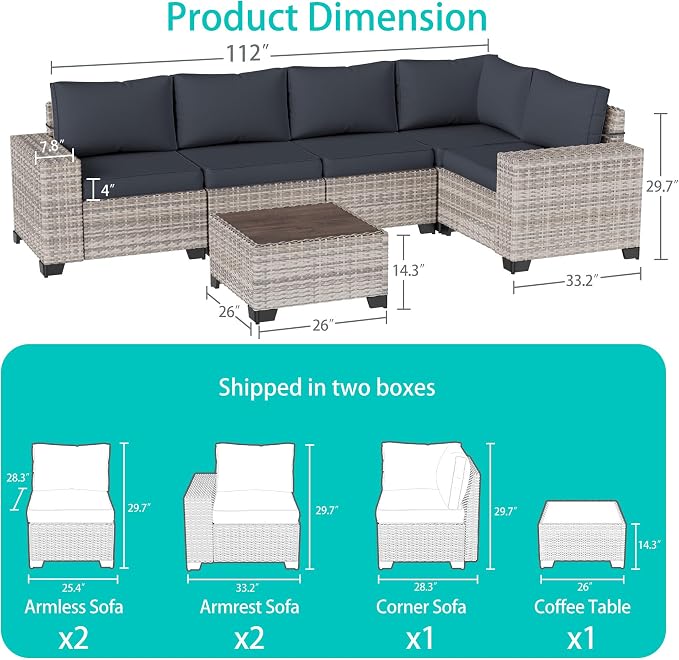 6-Piece Outdoor Patio Furniture Set Wicker Sectional Sofa Set, Patio Conversation Set with Thickened Cushions & Chunky Arms for Garden, Backyard, Poolside, Dark Grey