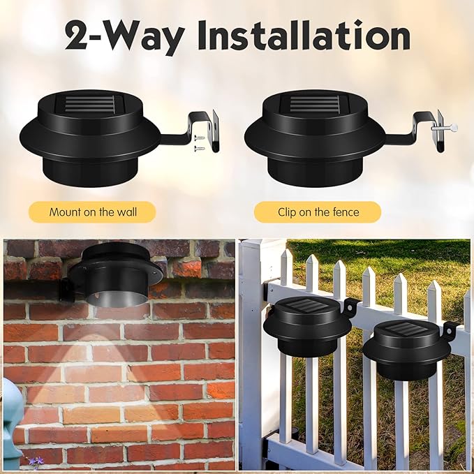 16 Pcs Solar Powered LED Gutter Lights 3 LED Deck Gutter Solar Lights Outdoor Waterproof LED Garden Yard Wall Lamp with Bracket for Fence Wall Stair Step Pathway, White Light and Warm Light (Black)