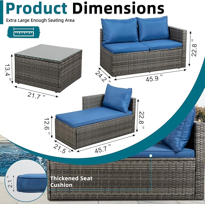 SUNLEI 3-Piece Patio Sectional Sofa, Patio Furniture Set with Detachable Soft Cushions, Outdoor PE Rattan Patio Conversation Sofa Set with Glass Coffee Table & Ottoman, Silver Rattan/Blue