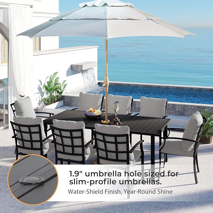 HAPPATIO 9-Piece Patio Dining Set, Outdoor Dining Set with Powder-Coated Metal,Dining Table with Umbrella Hole, 8 Stackable Chairs with Removable Cushions for Porch Poolside Garden,Grey