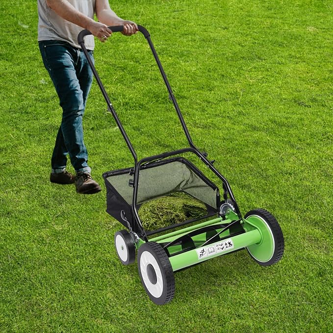 Walk-Behind Lawn Mowers 16-Inch 5-Blade Manual Reel Lawn Mower, Adjustable Cutting/Handle Height Grass Cutter with Grass Catcher, Green