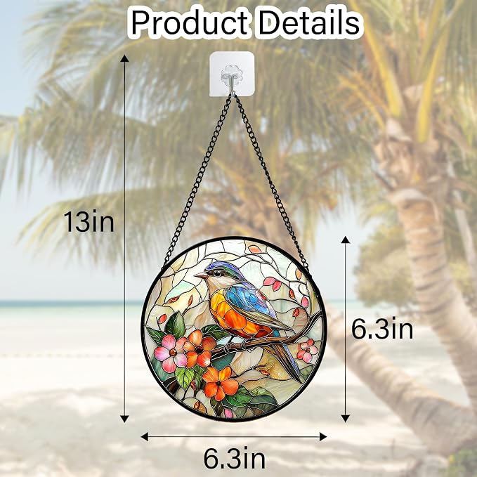 DASTOLL Stained Glass Window Hanging, Blue Bird Pink Flower Suncatcher Diamond Glass Panel Bird Sun Catchers Decor for Birthday for Women, Men, Wife, Aunt, and Mom 6.3 in
