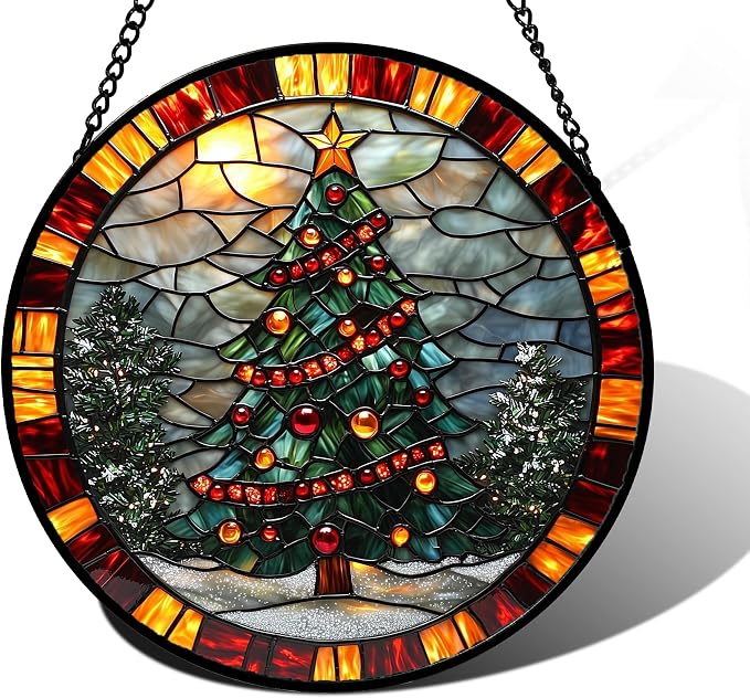 DASTOLL Stained Glass Window Hanging - Winter Christmas Tree Suncatcher Ready to Hang Window Doors Home Decoration, Christmas, Mother's Day Birthday Gifts for Women, Men, and Mom 7.8x7.8 in