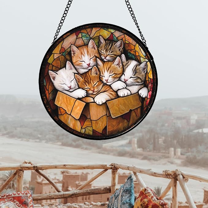 Stained Glass Window Hanging 6 Cute Kittens 6.3" - Cat Gift Suncatcher Door Sun Catcher Decor Birthday Christmas for Lost Pets Mom Men Woman Friend