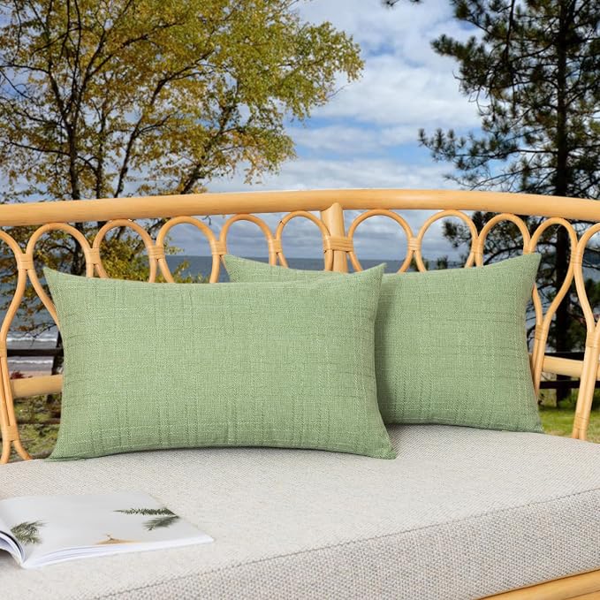 Kevin Textile Outdoor Waterproof 14”x24” Pillow Covers 2 Pack, Sage Green | Water Resistant, Soft Faux Linen-cotton Yarn-dyed Woven Texture Throw Pillow Covers for Tent Patio Garden Couch Sofa