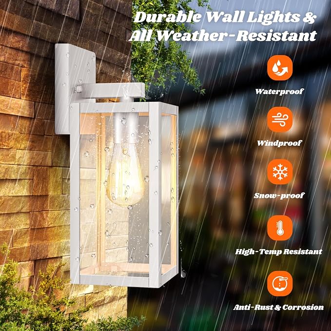 2-Pack Outdoor Wall Light Fixtures, Waterproof Anti-Rust Outside Wall Sconce Lantern with Clear Glass, Exterior Front Porch Lights for House Garage Doorway, Bulbs Not Included, White