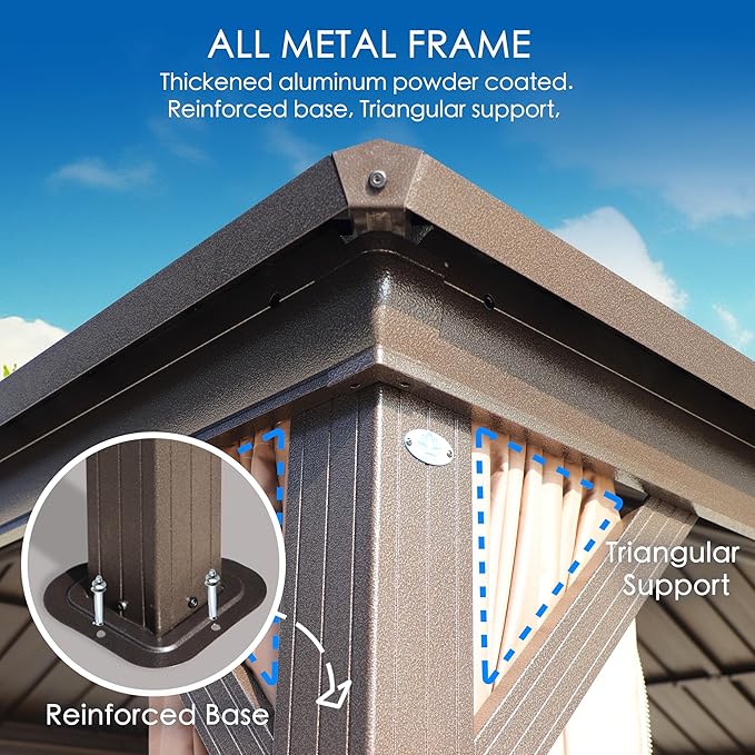 Kozyard Caesar 12'x16' Hardtop Gazebo - Permanent Metal Pavilion with Netting and Shaded Curtains for Patio, Backyard, and Deck - Galvanized Steel Outdoor Aluminum Canopy, Double Roof Gazebo (Brown)