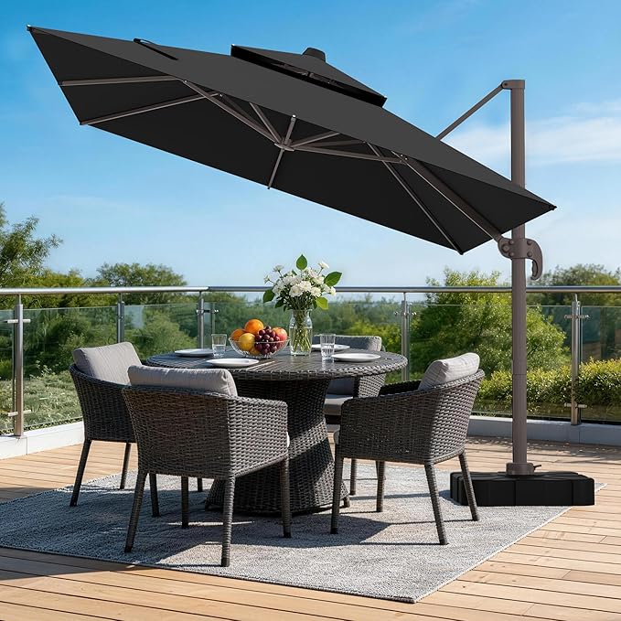 HASLE OUTFITTERS 9x12 FT Patio Cantilever Umbrella, Outdoor Offset Large Rectangular Heavy Duty Double Top Umbrellas with 360° Rotation for Pool Garden Deck，Black