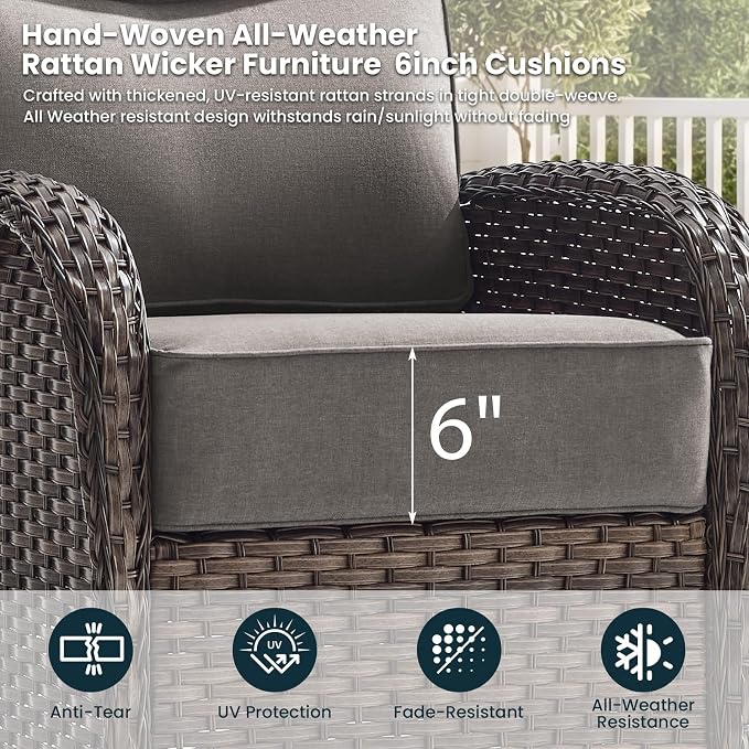 Luxury 6-Inch Cushion Outdoor Patio Furniture Set with Ottoman, Outdoor Swivel Rocker Patio Chairs with Side Table, Wicker Conversation Set for Deck Porch Garden Balcony and Poolside Gray