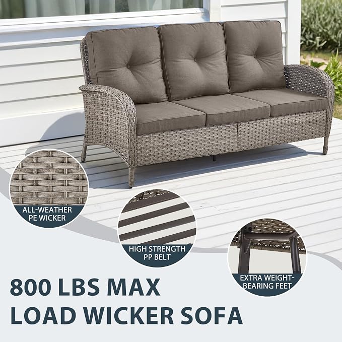 5 Piece Patio Furniture Set with Fire Pit Table - Wicker Patio Conversation Set with Swivel Glider, 3-Seat Sofa, Tempered Glass Side Table for Deck Backyard - Grey Wicker Grey Cushion