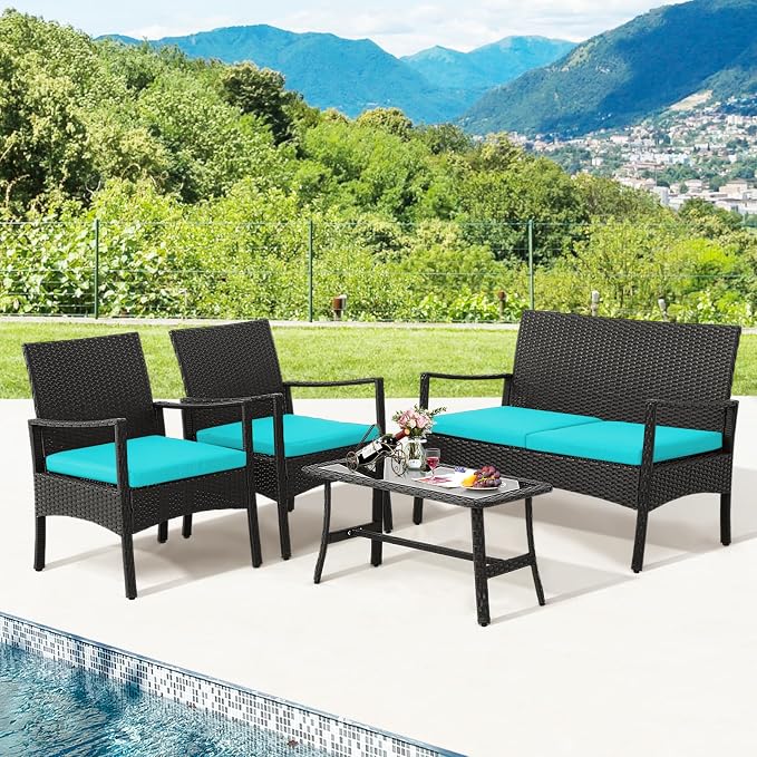Tangkula 8 Pieces Rattan Conversation Set, Patio Sofa Couch Set with Tempered Glass Coffee Table, Seat Cushions, Outdoor Wicker Loveseat Set for Poolside, Courtyard, Balcony (2, Turquoise)