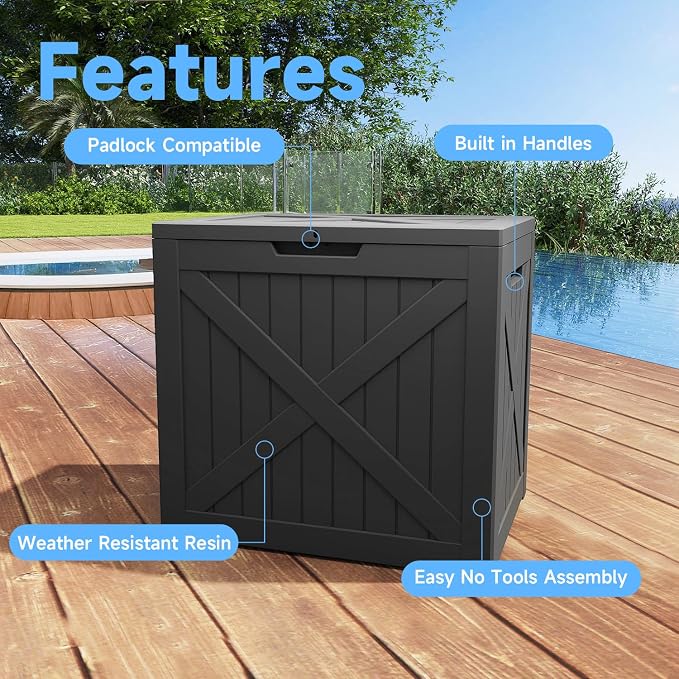 EasyUp 35 Gallon Deck Boxes Outdoor Waterproof, Weatherproof Outdoor Deck Box, Lockable Resin Storage Bench For Patio Cushions, Garden Tools And Pool Accessories, Black