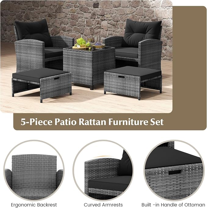 HAPPYGRILL 5-Piece Outdoor PE Rattan Conversation Set, Wicker Patio Furniture Set with Cushion, Ottoman & Coffee Table for Backyard Garden Poolside Lawn Deck Porch (Mix Grey & Black)