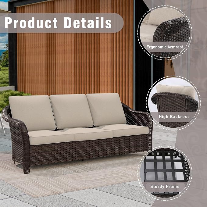 6 Piece Patio Wicker Conversation Set, All-Weather Use Outdoor Wicker Sofa with 2 PE Rattan Ottomans,2 Chair, 1 Side Table, Ideal for Porch, Backyard, Balcony, Poolside, Beige