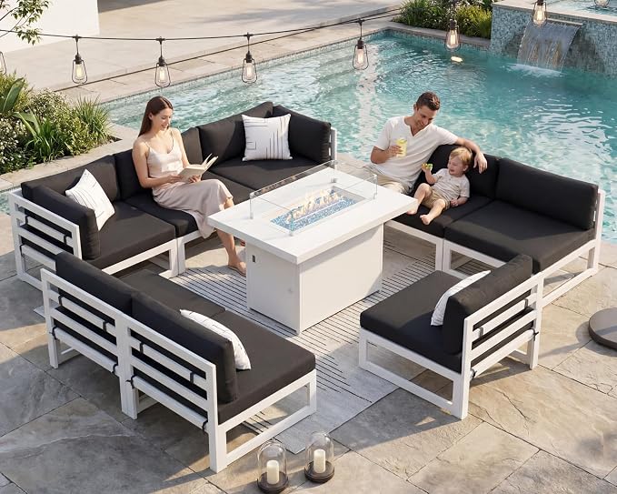 NICESOUL 8 People Large Luxury Aluminum Patio Conversation Set with Fire Pit Table Propane/Gas, 29" Deep Wide U Shaped Sectional Couch, 500 lbs Heavy Duty All Weather Outdoor Sofa for Backyard, Black