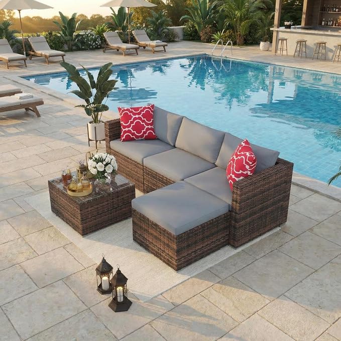 GarveeTech 5 Pieces Patio Furniture Set, All Weather Wicker Rattan Sectional Sofa,Outdoor Patio Furniture Set with Washable Cushions for Garden, Backyard, Porch, Poolside (Brown&Grey) ﻿