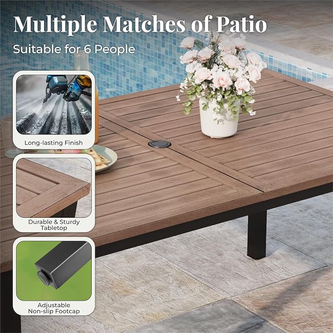 MIXPATIO 7 Pieces Patio Table and Chairs Set, Patio Dining Set for 6, 6 Textilene Chairs and 1 Wood-Like Rectangle Steel Table with Umbrella Hole, for Deck Backyard Lawn Poolside, Blue