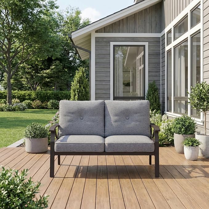 RoyalCraft Patio Loveseat, All-Weather Outdoor 2 Seats Sofa Couch,Khaki Metal Furniture with Gray Cushions
