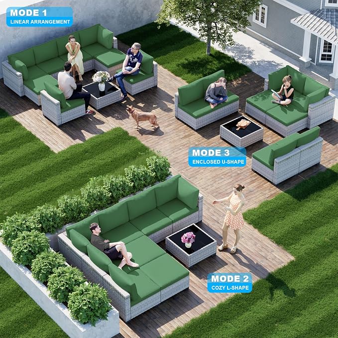 9-Piece Patio Furniture Set, Outdoor with Ottomans, Modular Patio Sofa, Dual-Strand Wicker Rattan, Rust-Resistant Frame, Backyard Furniture for Garden, Deck, Dark Green
