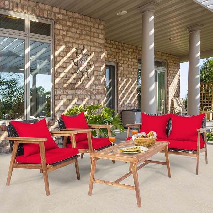Tangkula 4-Piece Patio Furniture Set, Outdoor Acacia Wood Conversation Set with Cushions and Coffee Table, Outdoor PE Wicker Sectional Sofa Set for Garden, Poolside and Backyard (1, Red)