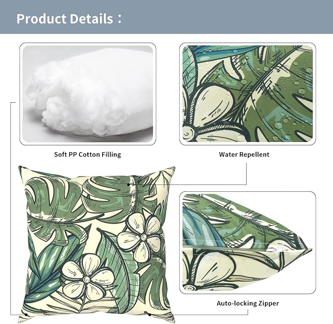 Outdoor Pillows with Insert 18x18 Inch, Waterproof Throw Pillow for Patio Furniture, Decorative Back Cushion for Garden Home Sofa Office Chair, Set of 2, Tropical Paradise