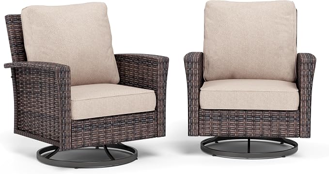 SUNSHINE VALLEY Patio Wicker Swivel Chairs Set of 2, Outdoor High Back Chairs with 5.5" Waterproof Cushions, Outdoor Furniture Set for Deck Porch and Yard, Beige