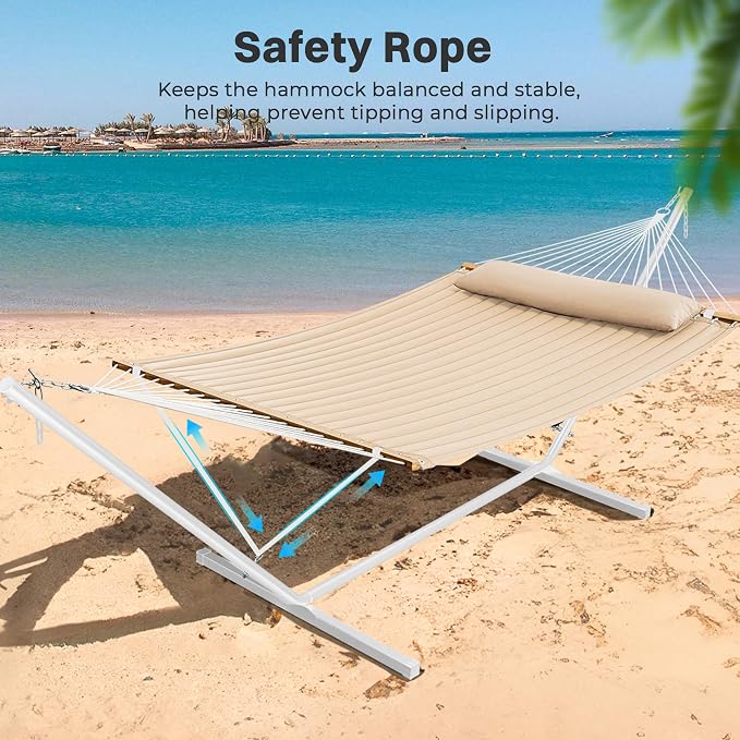 SUPERJARE Hammock with Stand, 2 Person Quilted Outdoor Hammock, Detachable Pillow & Bamboo Spreaders, Portable Hammock with Carrying Bag, Heavy Duty Stand, Perfect for Outside, Patio, Beige