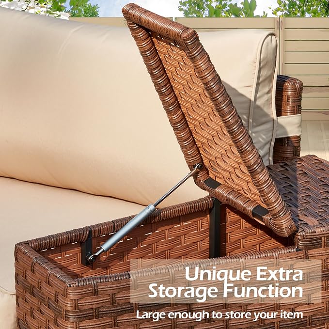 ECOTOUGE 8-Piece Half-Moon Curved Patio Furniture Set with Fire Pit Table, Wicker Rattan Sectional Sofa with Thick Cushions, Outdoor Conversation Set for Backyard Garden No Tank Cover(Beige, White)