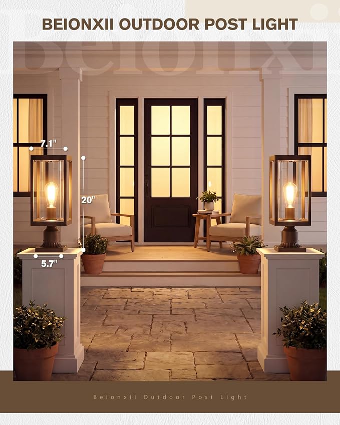 Beionxii Outdoor Post Lights, 20In Post Lantern with Pier Mount Base,Bronze | Hardwired 120V, Aluminum Exterior Lamp Post Light Fixture with Glass, Waterproof Fence Post Deck Lighting, BXA291-P-2PK-ORB