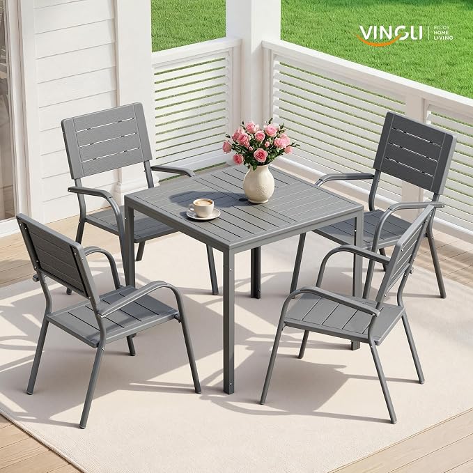 VINGLI Outdoor Patio Dining Chairs, Stackable HDPE All-Weather Arm Chairs, Weatherproof Outdoor Seating for Garden, Backyard, Poolside, Balcony,Grey (4 Pack)