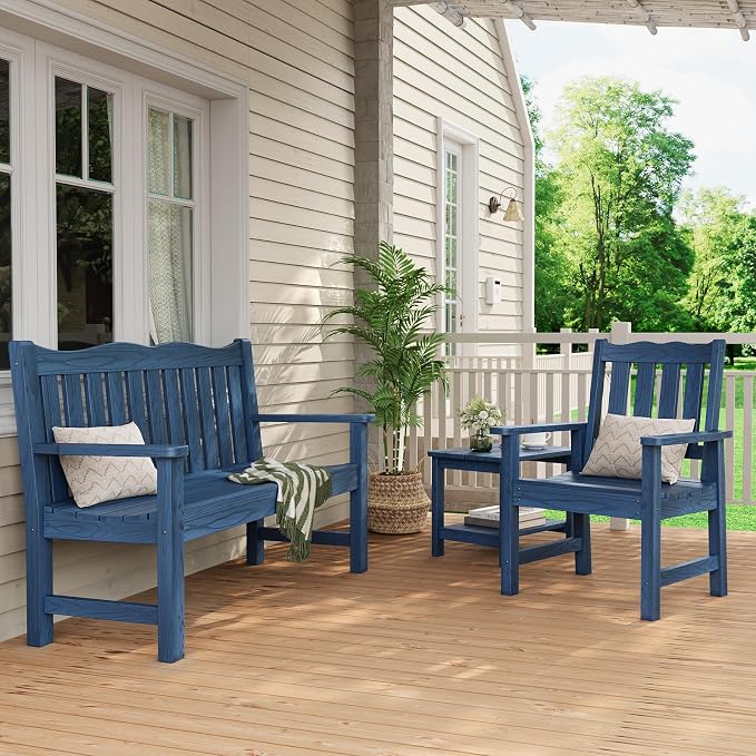 Stoog 4-Piece Patio Furniture Set, All-Weather HIPS Outdoor Dining Set, Includes 1 Bench, 2 Chairs, 1 Coffee Table, Blue