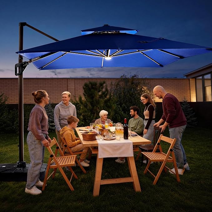 JZAC & QZYD 9x12 FT Outdoor Cantilever Patio Umbrella with LED Lights, Large Heavy Duty 2-Tier Aluminum Offset Umbrellas with 360-Degree Rotation for Pool Deck, Navy