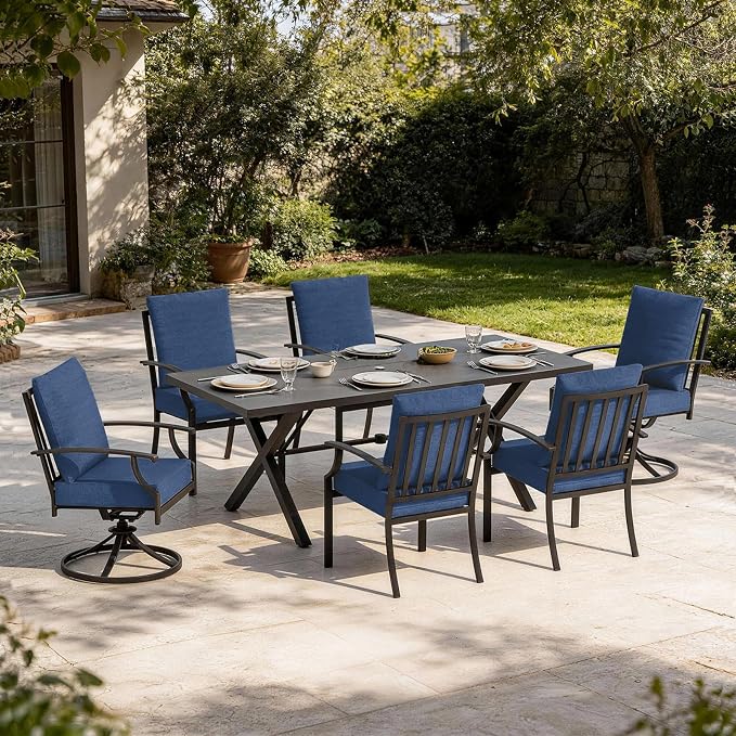 7 PCS Outdoor Patio Dining Set,Patio Table and Chairs Metal Outdoor Patio Furniture Set with Umbrella Hole,Dining Table Set with Swivel Chairs for Deck,Backyard and Garden,Navy Blue