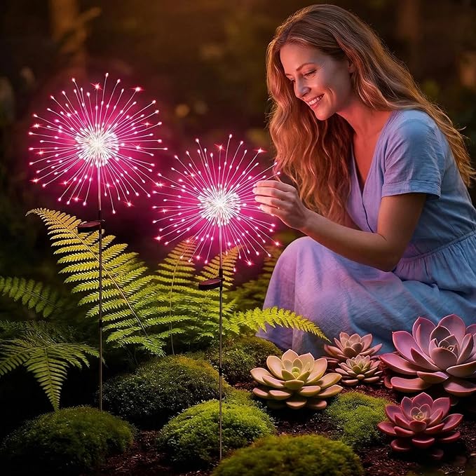 Solar Firework Lights Outdoor, 200 LED Starburst Garden Lights, Adjustable Height 2/3-Rod up to 51in, Stainless Steel, 2 Lighting Modes, IP65 Waterproof Pathway Light for Yard Patio Lawn