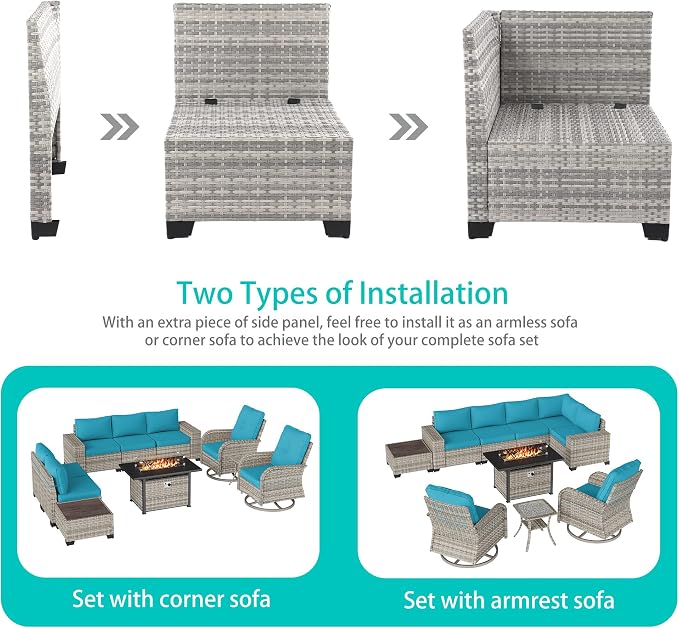 10-Piece Outdoor Patio Furniture Set with Rocking Swivel Chair, PE Wicker Rattan Sectional Sofa Patio Conversation Set with 55,000 BTU Fire Pit Table & Coffee Table, Turquoise