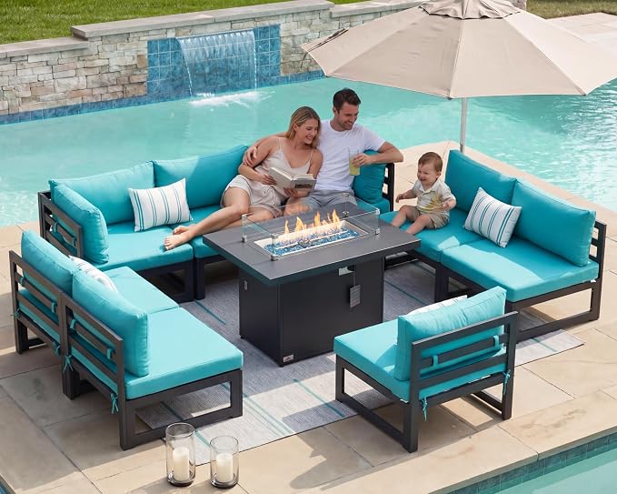 BULEXYARD 9 Piece Large Modern Aluminum Outdoor Patio Furniture Set with Fire Pit Table Propane/Gas, 29 inch Wide Deep Seat, Anti-Rust Comfy Sectional Sofa, 500 lbs Sturdy Conversation Set, Turquoise