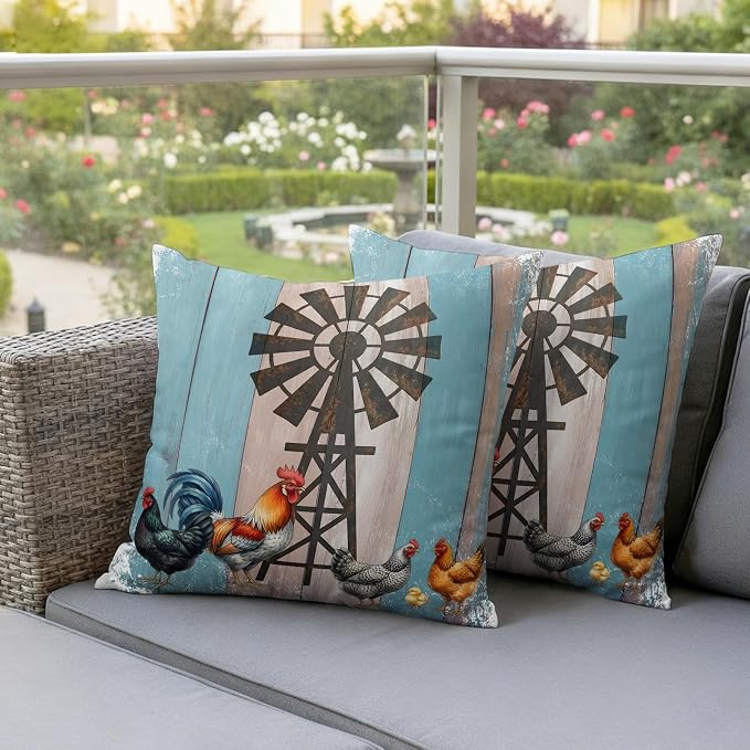 Rooster Hen Outdoor Pillow Covers 26"x26" Set of 2, Rustic Windmill Farmhouse Animal Wood Striped Country Waterproof Throw Pillow Covers for Patio Furniture, Decorative Cushion Covers for Porch