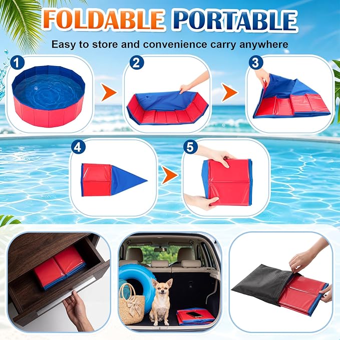Chunful Red Foldable Dog Pool with Storage Bag, Pet Swimming Pool Hard Plastic Portable Bath Tub for Dogs, Cats, Backyard, Beach, and Summer Play, Indoor & Outdoor Use (24" X 8")